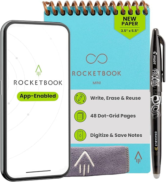 Rocketbook New Mini Reusable Smart Notepad, Pocket Size Notebook 3.5x5.5, Teal - Dotted Pages, App-Connected, Erasable, Ideal for On-The-Go List Taking & Quick Notes Anywhere