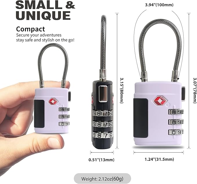 Combo TSA Locks for Luggage, Locker, Suitcase, Luggage Locks TSA Approved, Small Combination Padlock with Cable for Gym Locker, Gun Case, Backpack Bag Zipper, Storage Box, Travel Safe