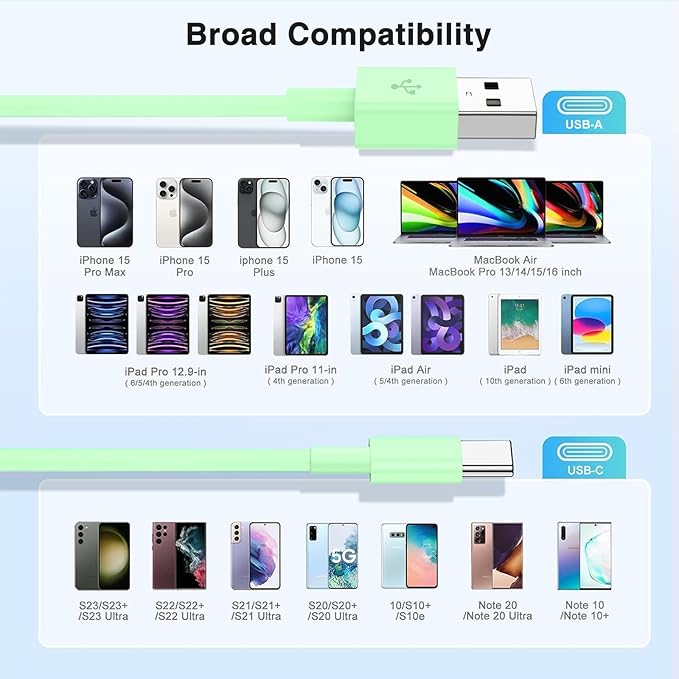 3-Pack Green [3.3FT+3.3FT+6FT] USB A to USB C Cable，USB to USB C Car Carplay Cable for iPhone Air 17 16e 16 15 Pro Plus Pro Max，for Galaxy S25/S24, for iPad Pro/Air/mini, for MacBook Pro/Air and More