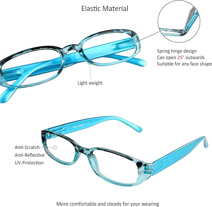 VisionGlobal 1 Pair Reading Glasses with Spring Hinge, Blue Light Blocking Glasses for Women/Men (Blue,+4.25 Magnification)