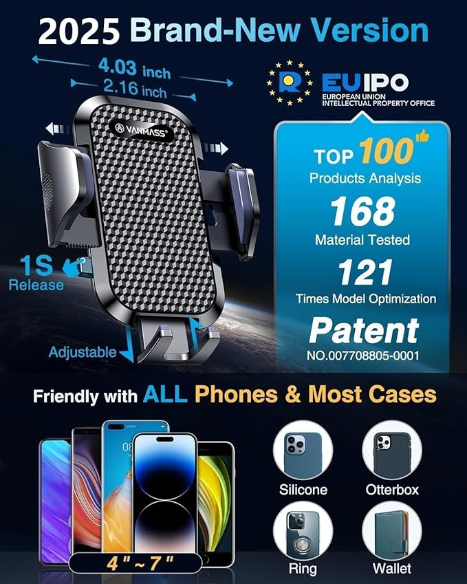 [2025 True Military-Grade] Car Phone Holder VANMASS [Upgraded Strongest Suction & Clip] Cell Phone Mount for Dashboard Windshield Vent Wall,Truck Cradle Stand for iPhone 17 Pro Max 16 15 14 13 Android