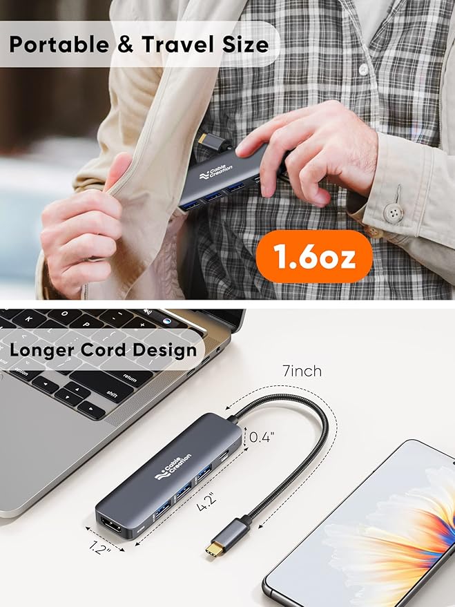 USB C Hub, CableCreation 5-in-1 USB C to HDMI Multiport Adapter, 100W PD, 3 USB 3.0 Ports for MacBook Pro, MacBook Air M1/M2, iPad Pro, Surface Pro, XPS