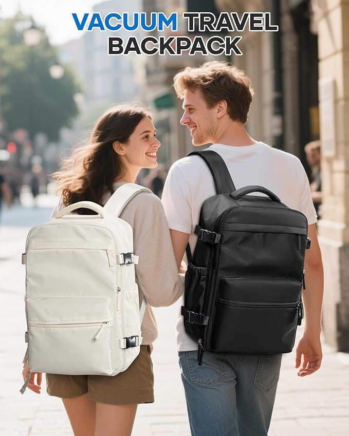 Vacuum Travel Backpack with Pump for Women,Personal Item Carry on Backpacks Flight Approved 18x14x8 inches for Men,Laptop Waterproof Work Compression bags Casual Daypack Black