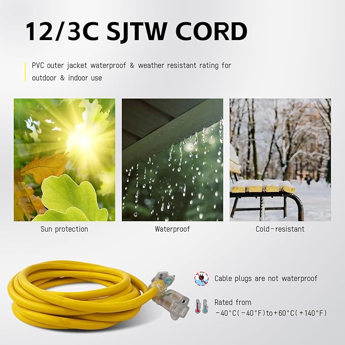 EP 10 ft Lighted Outdoor Extension Cord - 12/3 SJTW Heavy Duty Yellow Extension Cable with 3 Prong Grounded Plug - 15AMP Power Cord for Lawn, Garden, Appliances