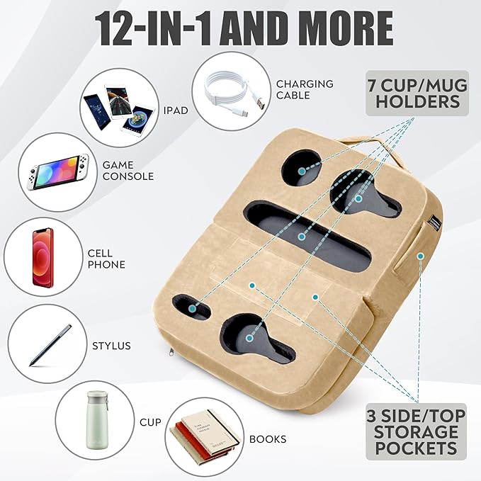 Couch Cup Holder Tray Pillow - Bed, Couch Caddy, Sofa, RV & Car - Holds Drinks, Snacks, Remotes, Phones, Kindle, Tablet | Bed Cup Holder (Beige)