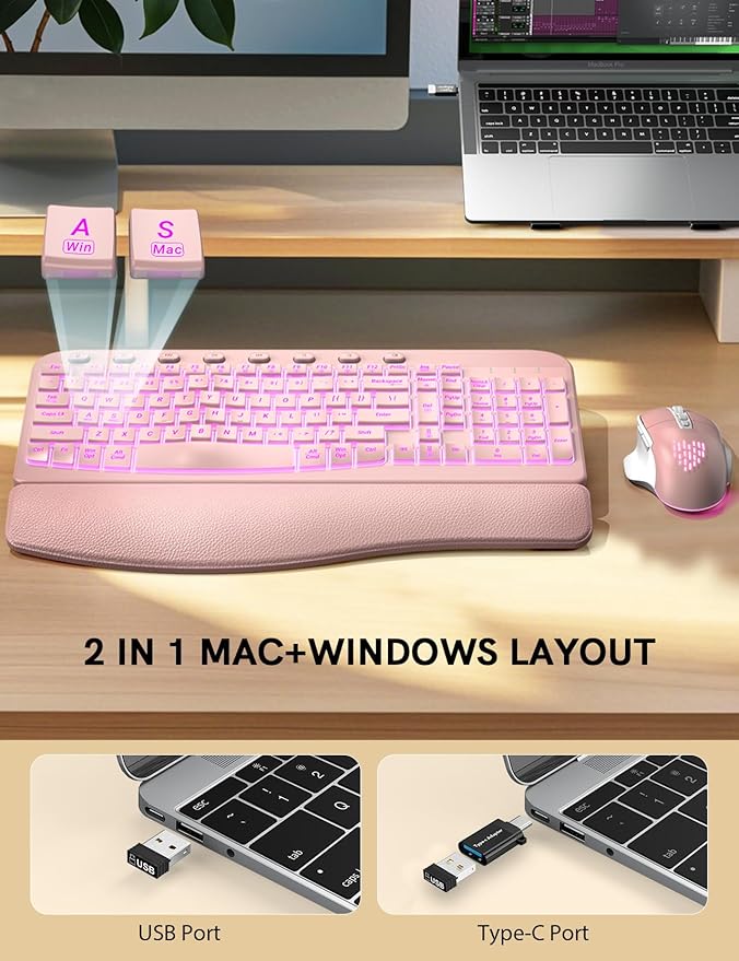 SABLUTE Ergonomic Wireless Keyboard and Mouse Combo - Wave Keyboard with Soft Leather Wrist Rest, Resistant Keys, RGB Backlit Rechargeable Set for PC/Mac/Chromebook (Pink)