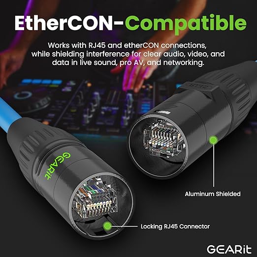 GEARit Shielded CAT6 Ethercon Cable (25 Feet) Professional Audio & Lighting RJ45 EtherCON-Compatible Cable for Studio, Stage, Concerts - 25ft Blue