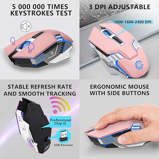 Wireless Mouse Bluetooth, Silent Rechargeable Multi-Device Mouse, BT5.0/3.0 and USB Cordless Computer Mice, RGB Light up Gaming Mice for Laptop PC Mac Macbook Air/Pro iPad Tablet Office Games -Pink