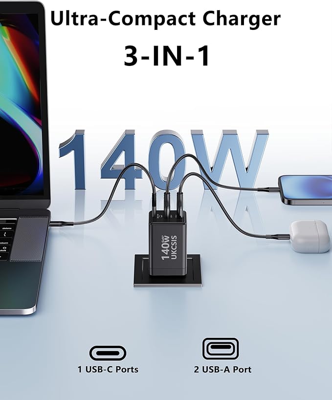 2Pack Mac Book Charger 140W, USB C Fast Charger Foldable 3-Port Multi-Device Fast Power Adapter, USB C Charger for MacBook pro/Air, Dell, Samsung Galaxy, iPad Pro, and More(Black)