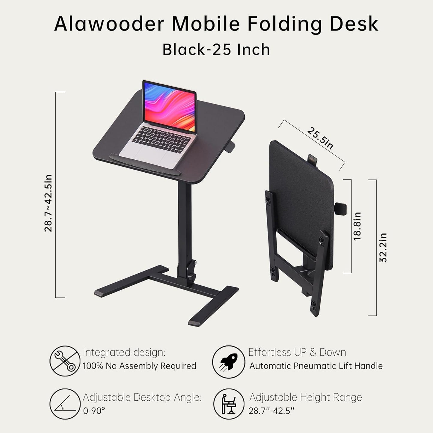 Mobile Folding Desk 25 Inch - No Assembly Sit-Stand Desk,Height Adjustable Rolling Laptop Desk, Space-Saving Portable Desk with Wheels for Home Office Craft & Study, Black