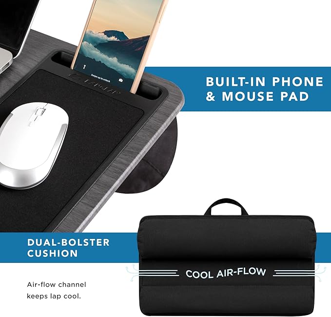 LAPGEAR Home Office Lap Desk with Device Ledge, Mouse Pad, and Phone Holder - Gray Woodgrain - Fits up to 15.6 Inch Laptops - Style No. 91545