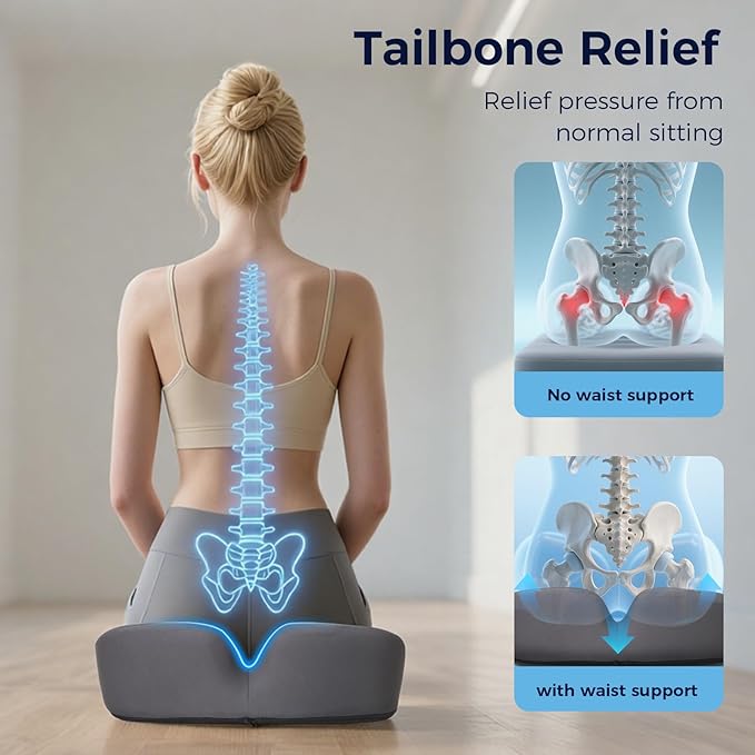 Tailbone Pain Relief Cushion, 18.5" x 16.5" Extra Large Memory Foam Cushion for Office Chair for Hip Support, Long Sitting Breathable Car Seat Cushion for Home, Work, Driving