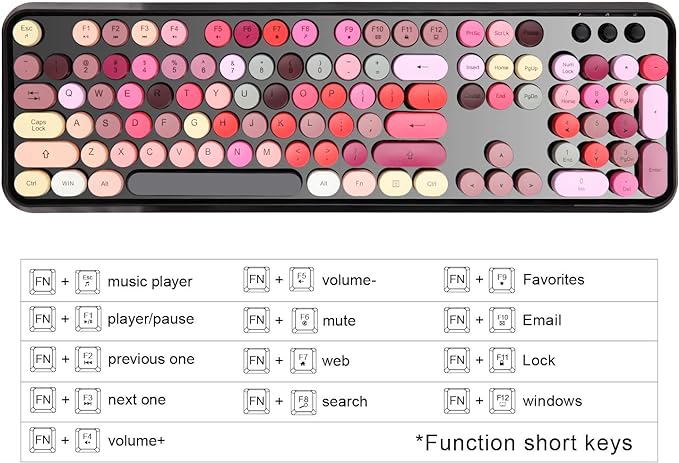 Letton USB Retro Typewriter Keyboard, Wireless Full Size with 104 Colorful Round Key and Cute Mouse with 3 DPI, 2.4GHz for Office Computer Laptop Mac PC-Black