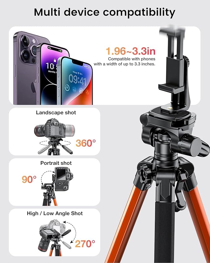 CAMBOFOTO 74"-Camera-Tripod, Professional Aluminum Heavy Duty Tripod Stand for Mirrorless Camera/DSLR/Cell Phone/Camcorder, with Holder and Travel Bag (Orange)
