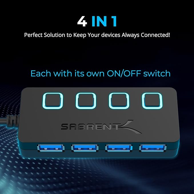 SABRENT 4 Port USB 3.0 Hub with Individual LED Lit Power Switches, Includes 5V/2.5A Power Adapter (HB-UMP3)