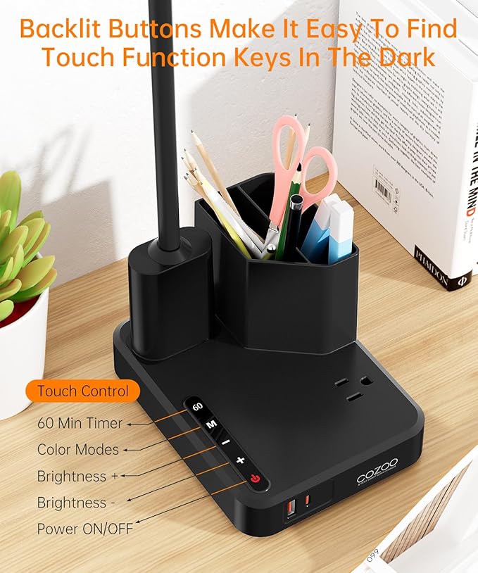 Desk Lamp, COZOO LED Desk Lamps for Home Office with USB Charging Port/Outlet/Organizer,Desk Lamp for College Dorm Eye-Caring Study Light,Gooseneck Table Lamp with Pen Holders/Storage,9 Lighting Modes