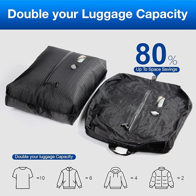 Vacuum Travel Bags with Pump Wireless, Reusable Compression Bags for Travel, Double Layer Travel Vacuum Bags for Luggage with IP67 Waterproof, Vacuum Seal bags for Clothing travel, 45L, 1PC+Pump