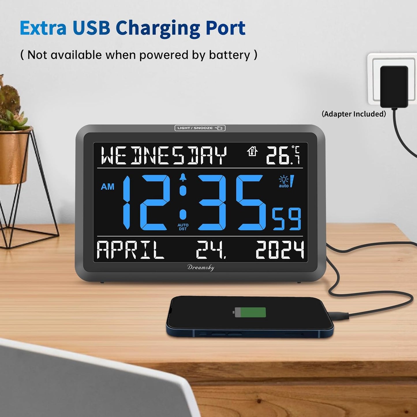 DreamSky Large Digital Clock with Date and Day of Week - Electric Desk Clock for Seniors Elderly, Bedroom Alarm Clock with Battery Backup, Dimmer, USB Port, Auto DST, Temperature, Adjustable Volume