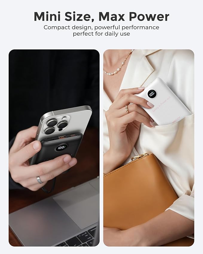 VEEKTOMX Portable Charger,10000mAh Power Bank with Built-in Cable and 22.5W Fast Charging,Travel Camping Essential,for iPhone 17/16/15/14,Samsung 25/24,and More