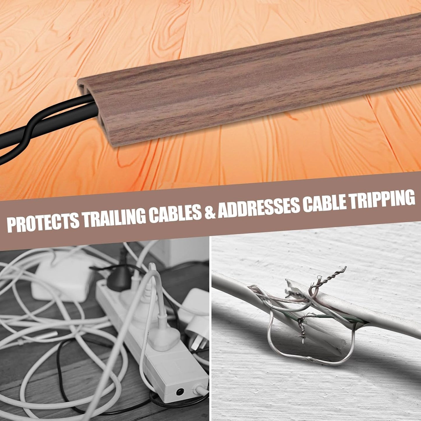 Floor Cord Cover Self Adhesive Cord Hider,10FT Cable Management, Extension Strip Protector for Wires, Prevent Cable Trips for Offices, Gyms, Exhibitions Cavity:0.51"(W) x 0.3"(H) Wood Walnut