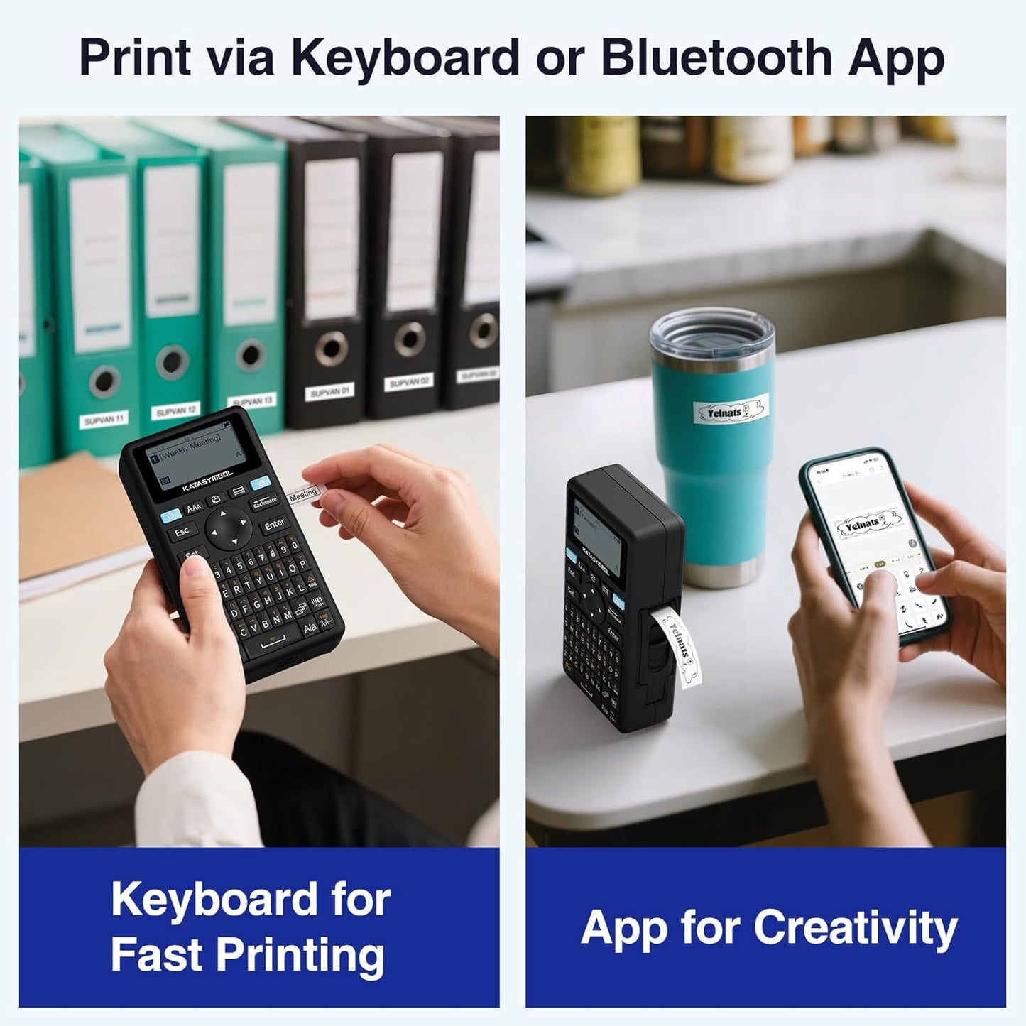 SUPVAN E11 Bluetooth Label Maker Machine with Tape, Support Keyboard & App with 40 Fonts and 450+ Icons, Rechargeable Inkless Labeler for Home, Kitchen, Office, School, Organization, Black