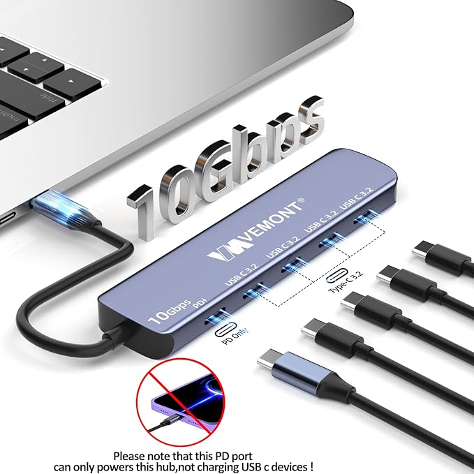 VEMONT 10Gbps USB-C Hub:4-Port 10Gbps Data Transfer and 100W PD Charging for laptops. USB 3.2 Gen 2 Standard. Compatible with MacBook, iPhone, iPad, Surface Pro, and Other USB-C Devices.