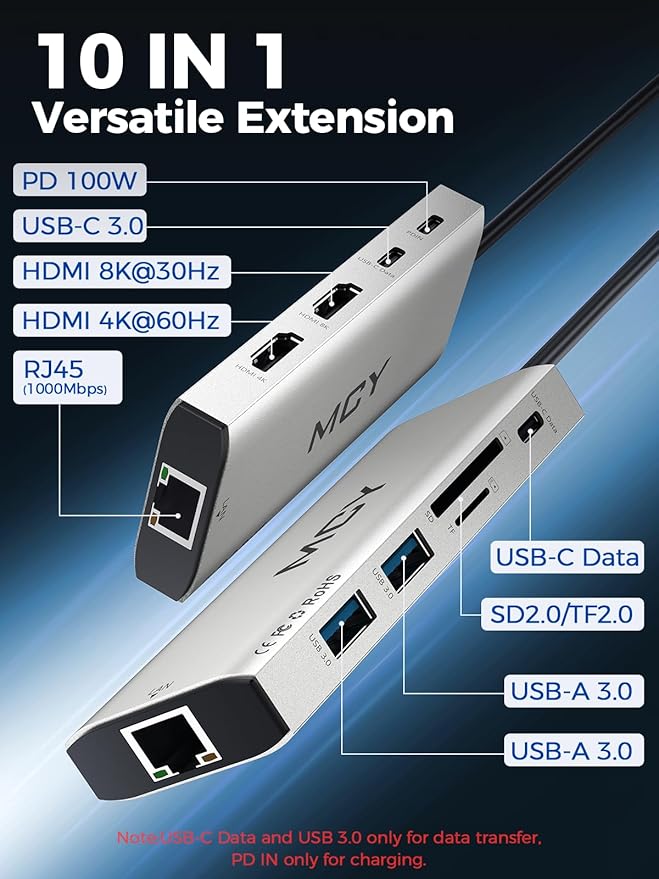MCY USB C Hub,Laptop Docking Station Dual Monitor Single 8K,2x4K@60Hz,10 in 1 Type-C Multiport Adapter with 2 HDMI,PD100W,Extender Splitter,Card Reader,Ethernet Dock for Mac/Dell/HP/Surface/Steam Deck