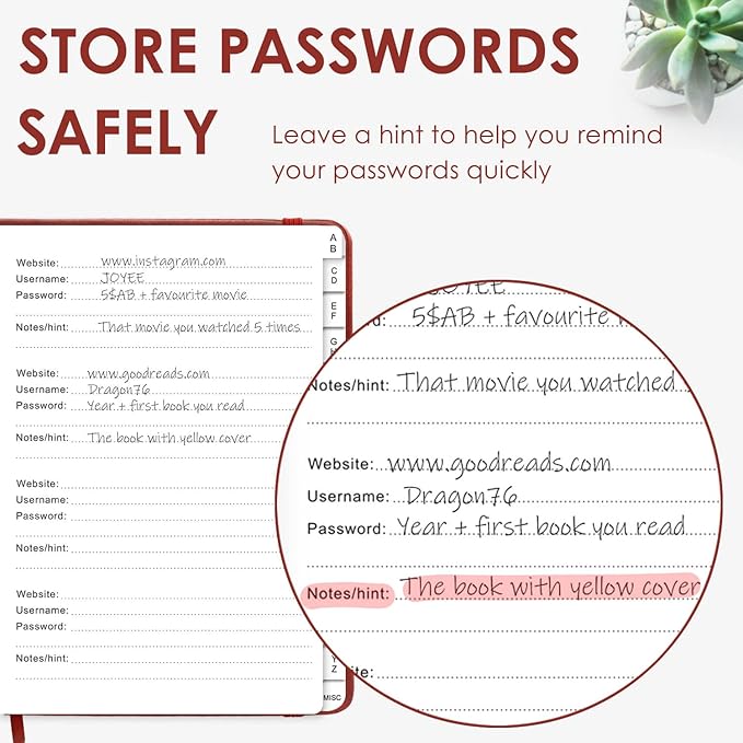 Elegant Password Book with Alphabetical Tabs - Hardcover Password Book for Internet Website Address Login - 7" x 10" Password Keeper and Organizer w/Notes Section & Back Pocket (Wine Red)