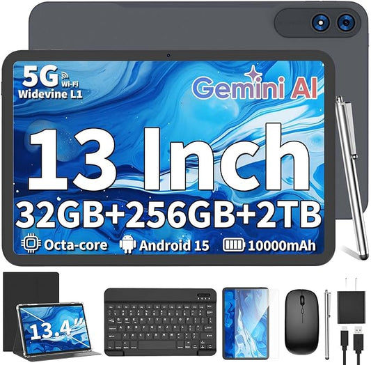 13.4 Inch Tablet Android 15 Tablets, 2025 Upgraded Android Tablet with Keyboard, 32GB RAM+256GB ROM(2TB Expand), Octa-Core, 2K 1920x1200 Display, 16MP Dual Camera, 10000mAh, 2.4G/5G WiFi, GPS (Black)