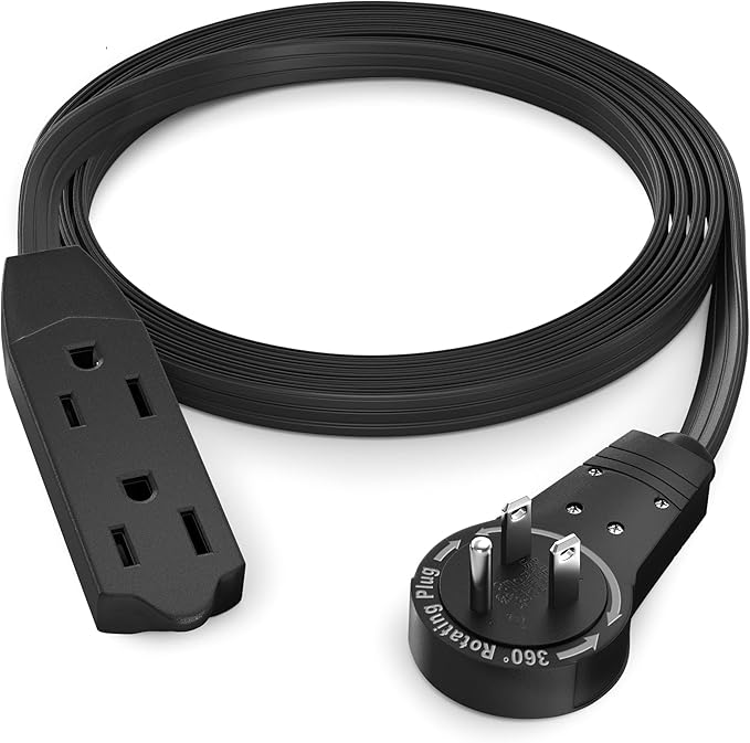 Maximm Cable 4 Ft 360° Rotating Flat Plug Extension Cord, 16/3 AWG Multi 3 Outlet 3-Prong Grounded Wire- Black - UL Certified