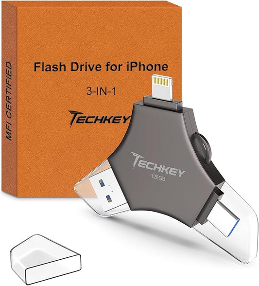 MFi Certified USB 3.0 Flash Drive 128GB for iPhone, 3in1 External Memory Photo Keeper Storage Stick for Picture/Video/Data Saver/Backup, High Speed Thumb/Jump/Hard Drives for iPad/Android/PC (Black)