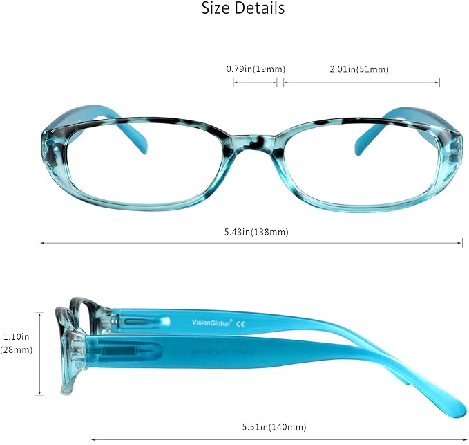 VisionGlobal 1 Pair Reading Glasses with Spring Hinge, Blue Light Blocking Glasses for Women/Men (Blue,+4.00 Magnification)