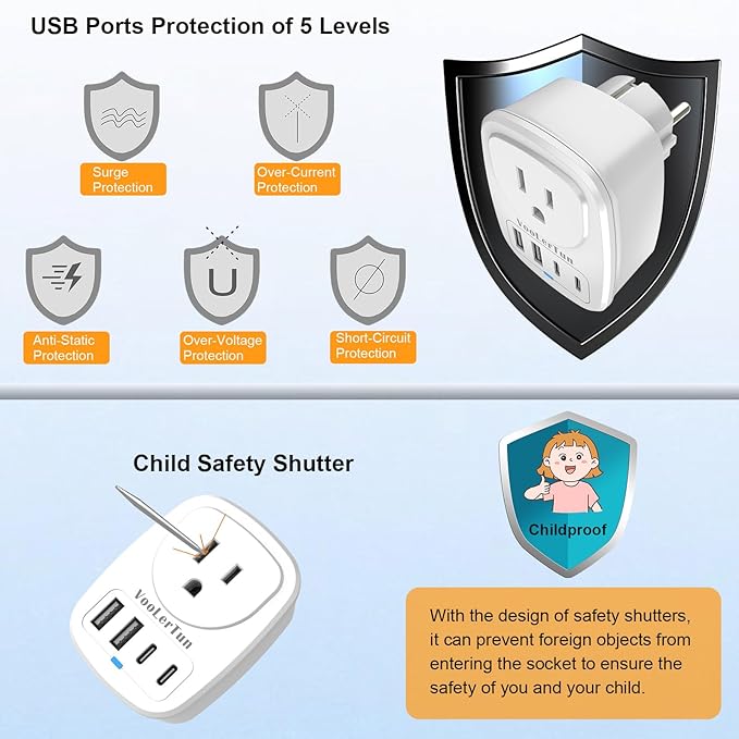 2 Packs Type E F France Plug Adapter, VooLerTun Germany Travel Adapter with 4 USB Charger Ports (2 USB C), 1 American Outlet Adapter. US Converter for EU European Travel Essential