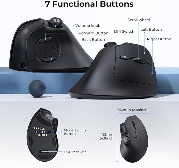 seenda Ergonomic Mouse Rechargeable, USB+Dual Bluetooth, MOU-302 Vertical Wireless Mouse with Volume Knob, Quiet Clicks, Multi-Device Cordless Mice Compatible for Windows, PC, Laptop, Mac OS, Black