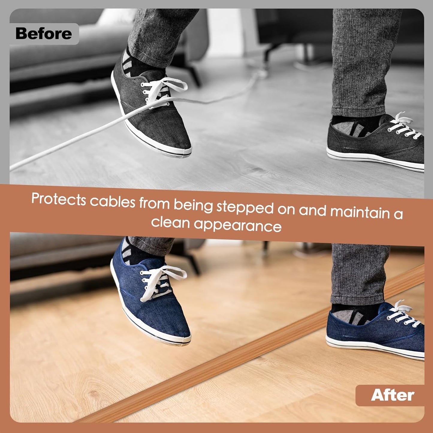 Floor Cord Cover for Wires on Floor Self Adhesive Cord Hider Floor Cable Management Wire Covers for Cords Protector Prevent Cable Trips Cord Cavity W 0.47" x H 0.27", Brown Wood, 10Ft