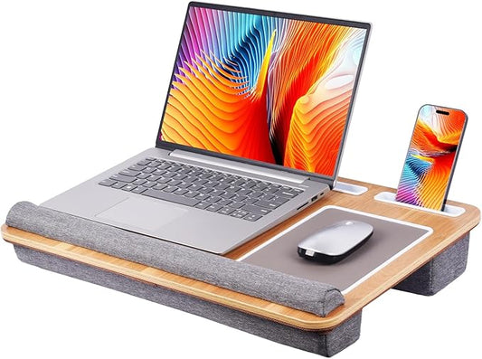 Home Office Lap Desk with Wrist Rest Wrist Rest, Mouse Pad, and Phone Holder Large Laptop Bed Desk for Notebook, Laptop, Tablet, Lap Stand Fits Up to 17 Inch Laptops (Woodgrain)