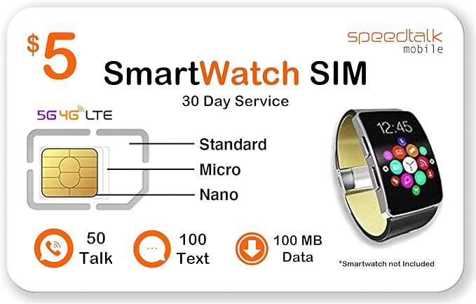 SpeedTalk Mobile $5 Prepaid Smart Watch SIM Card Kit for 5G 4G LTE Smartwatch, Wearables | Triple Cut 3 in 1 Simcard - Standard Micro Nano | No Contract | USA Coverage 30 Days Service