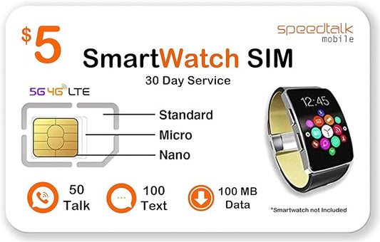 SpeedTalk Mobile $5 Prepaid Smart Watch SIM Card Kit for 5G 4G LTE Smartwatch, Wearables | Triple Cut 3 in 1 Simcard - Standard Micro Nano | No Contract | USA Coverage 30 Days Service
