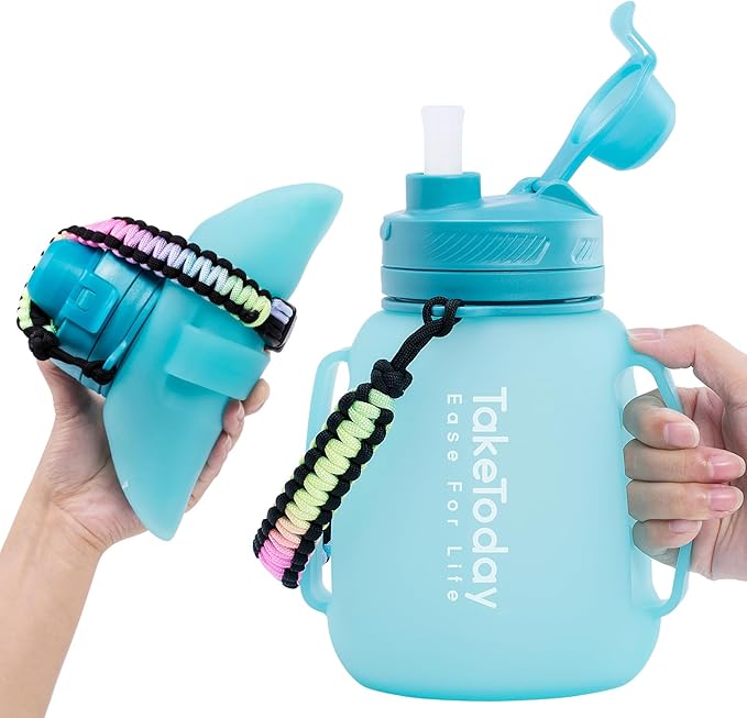 TakeToday Collapsible Water Bottles 40 OZ Gallon Motivational Water Jug with Straw 1.2L Silicone Sports Water Bottle with Time Marker, Leakproof Large Water Bottle for Yoga Camping Outdoors