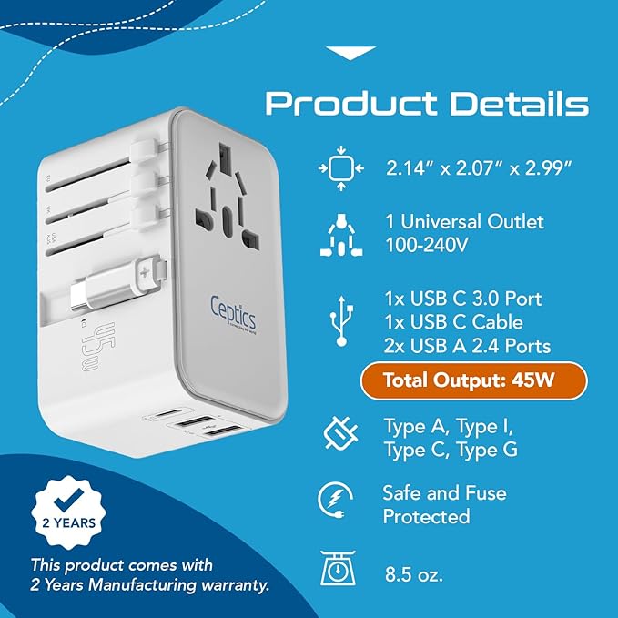Ceptics 5 in 1 International Travel Adapter with PD 45W Retractable USB-C Cable 65cm, 2X USB-A 2.4A, 1x USB-C 3A, Travel Adapter Worldwide for Laptop, Phones and Cameras for US, EU, UK, UP-45WC-WH
