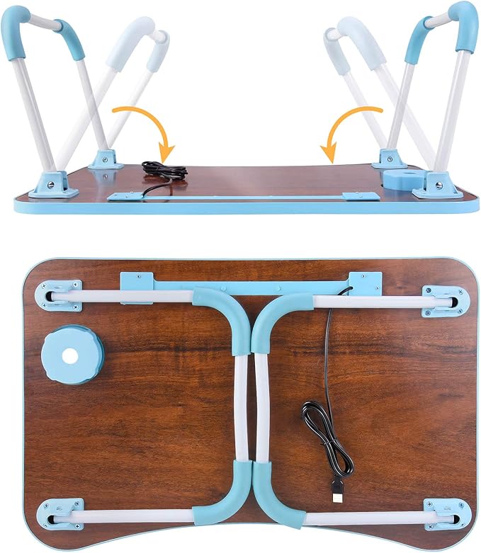 Slendor Lap Desk with Cup Holder, Foldable Laptop Table for Bed, Portable Bed Desk for Laptop and Writing, Computer Tray with Tablet Slot, Notebook Stand Reading Holder for Couch Sofa Floor,Blue
