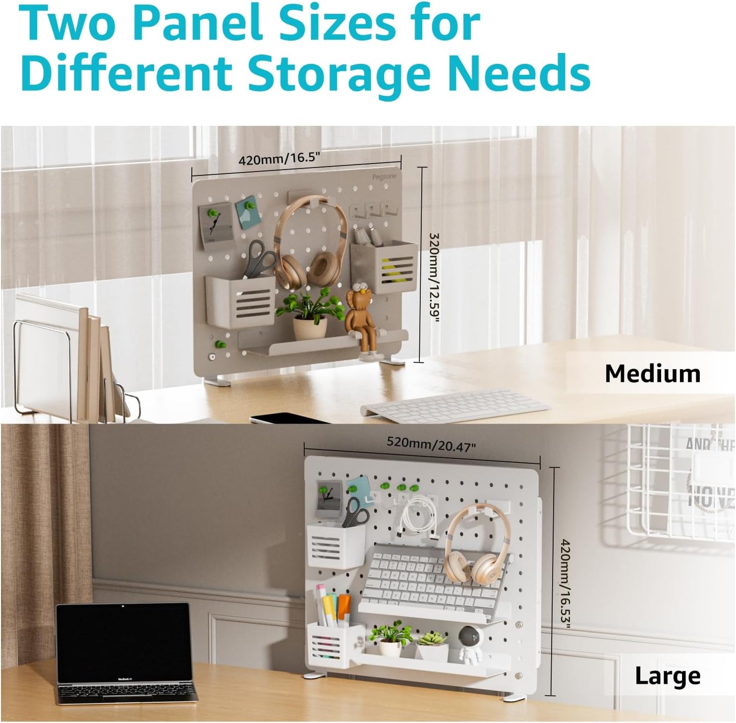 Clamp-on Desk Pegboard, Desk Organizer for Office Gaming Home, Magnetic Metal Peg Board with 10 Accessories, Privacy Panel for Office, 16.5" x 12.6", Medium, White