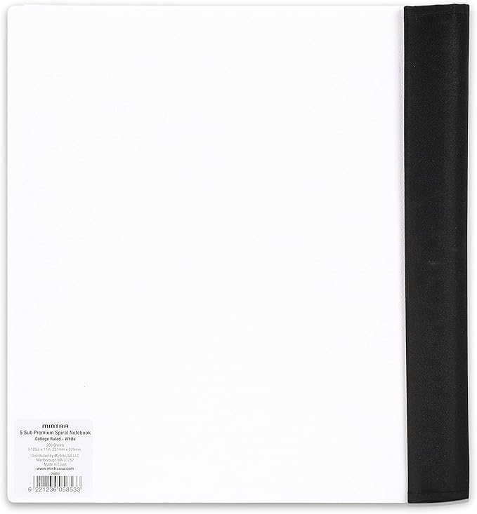 Mintra Office Durable PREMIUM Spiral Notebook, ((White, 5 Subject, 8.5in x 11in)), Fabric Covered Coils, No Snags, Removable Adjustable Pocket Dividers, Ruler, Organization, Customizable