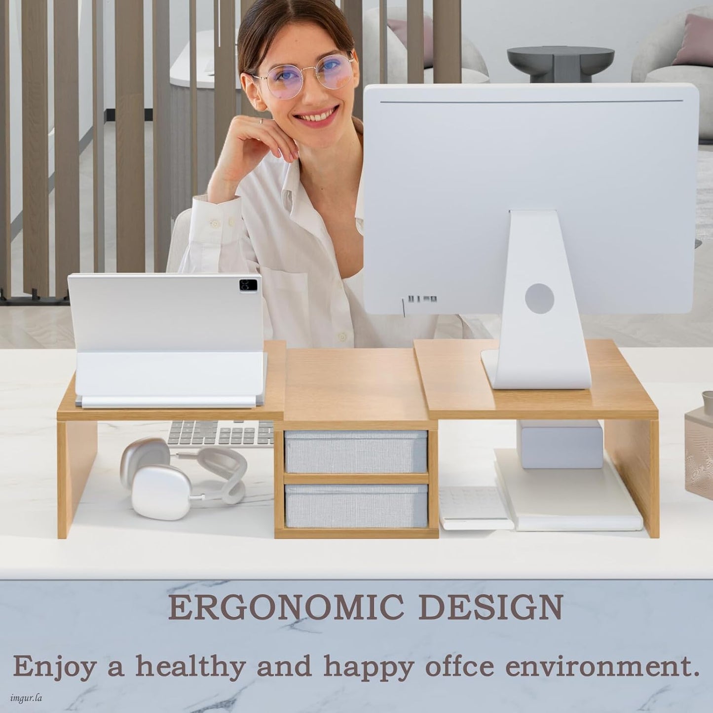 TEAMIX 42 inch Dual Monitor Stand Riser with 2 Drawers- Length and Angle Adjustable 3 shelf Riser with Storage Desk Organizer Computer Monitor Stand for 2 Monitors/Laptop/PC,Screen/TV Stand Riser