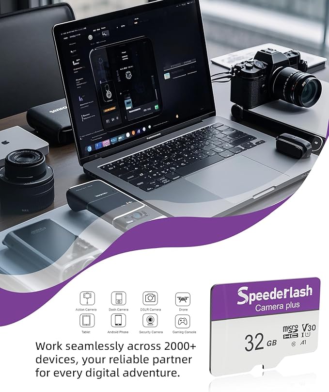 Micro SDXC Memory Card 32GB 2 Pack, Speederlash Camera Plus TF Card with Adapter, Up to 90MB/s Read Speed, 4K UHD&5K Video Support, U1 V30 A1 Rated, Waterproof, for Security Camera, Dashcam, Drones