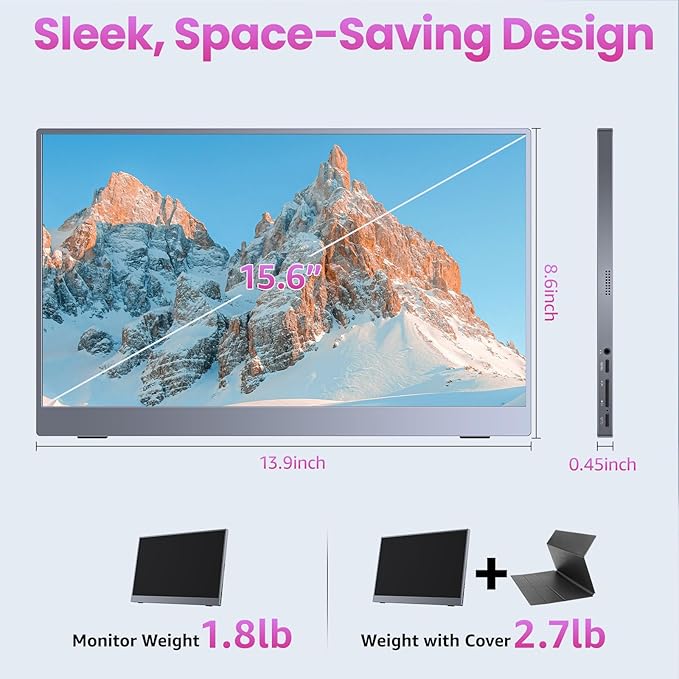 Portable Monitor 15.6 inch 1080P FHD 86% sRGB 60Hz, Travel Monitor for Laptop MacBook Surface PC Xbox PS5, HDMI Dual USB-C VESA Compatible Built-in Speaker, with Cover