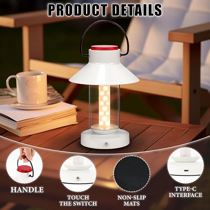 Metal Cordless Table Lamp, Portable LED Rechargeable Lamp, Touch Dimming Battery Powered Small Night Light for Outdoor/Indoor Bedroom, Bar, Coffee Shop, Restaurant, Camping Light - White