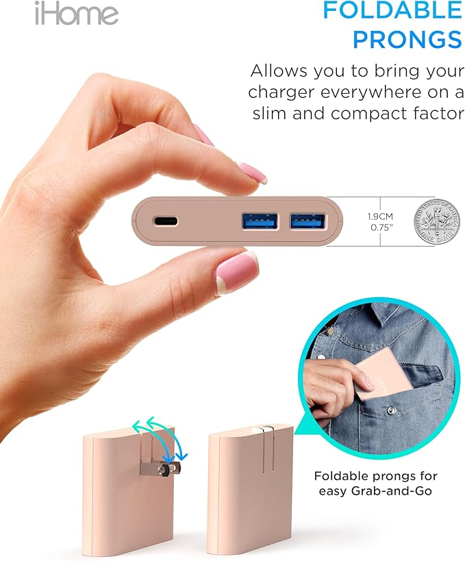 iHome 32W AC Pro Multi Port USB Wall Charger Block - Charging Station for Multiple Devices with 3 Ports (1 USB-C, 2 USB-A) - Fast Charging, Universal Compatibility (Pastel Pink)