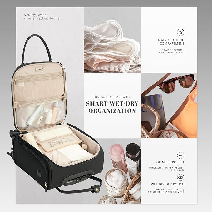 Verage 18x14x8in Spinner Underseat Carry-On Luggage -Airplane Personal Item Bag, USB A&C Charging Port, Padded Laptop Pocket & Wet/Dry Compartments for Women, Classic Black