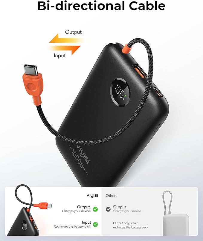 Slim Portable Charger 10000mAh, Travel Power Bank with Built-in USB-C Cable & LED Display, 22.5W Fast Charging Battery Pack Compatible with iPhone 16 15 Samsung S24 S23 -Black